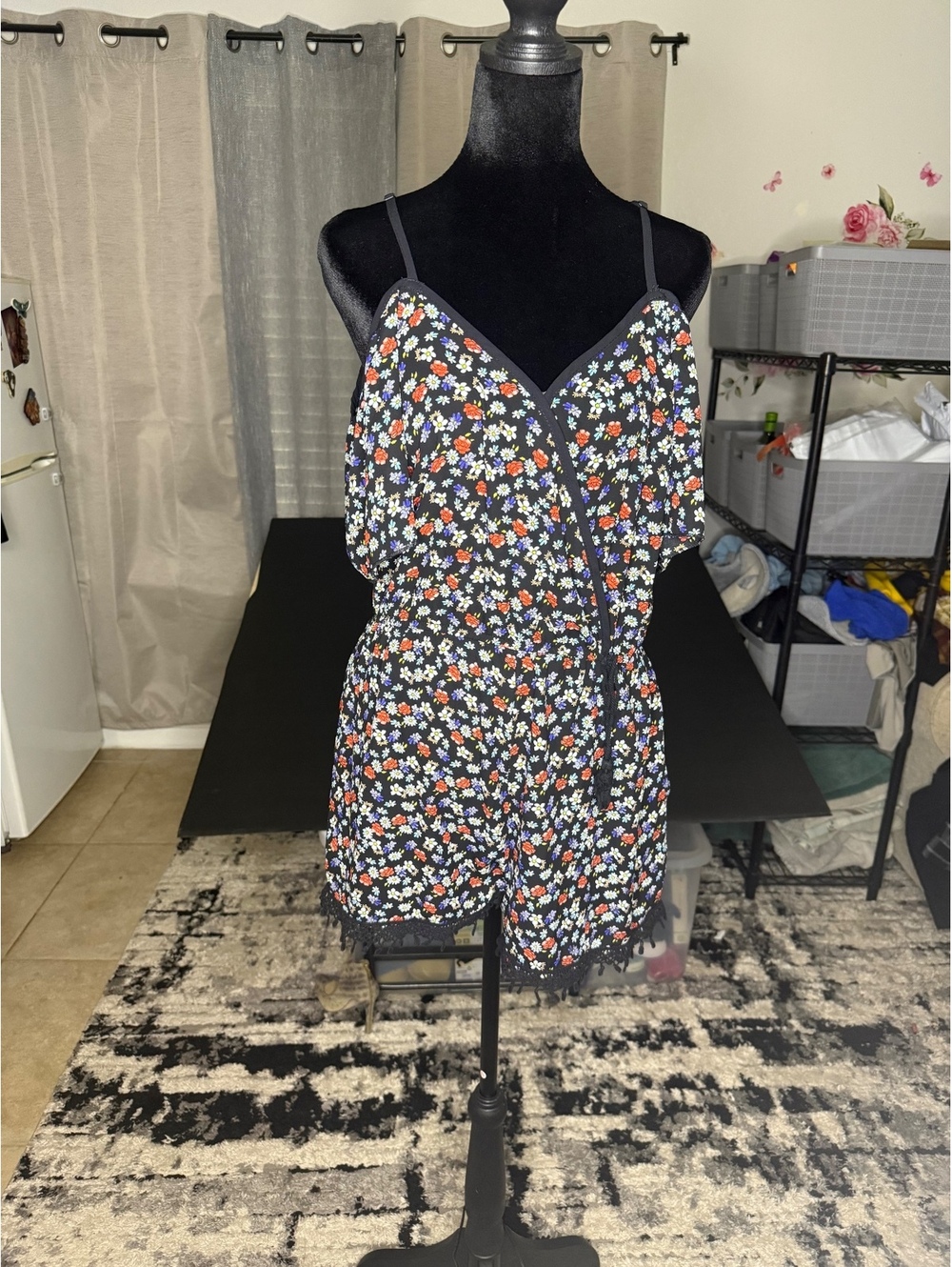 Black Floral Cold Shoulder Romper with Lace Trim